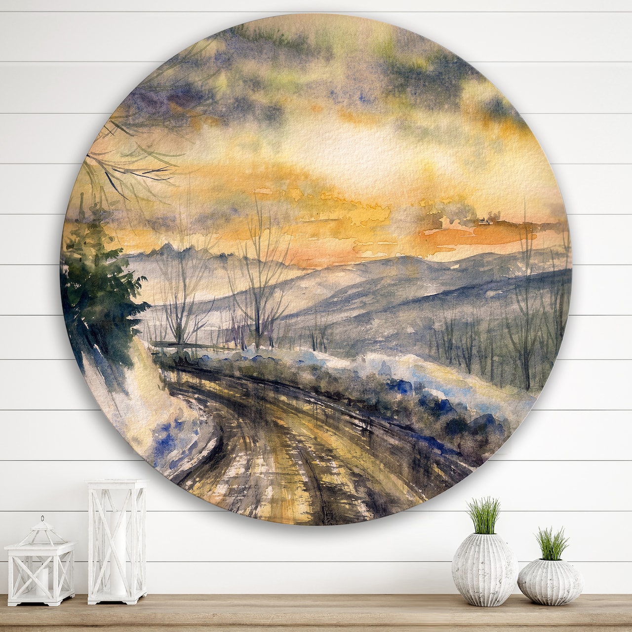Designart - Winter Landscape With Road Under Bright Sunset - Traditional Metal Circle Wall Art